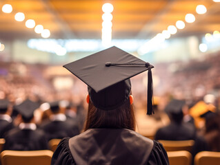 Graduation day. Back view of graduate attending convocation or graduation ceremony in a university hall.