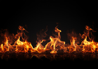 Fire flames and sparks on dark background. Copy space