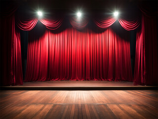 Empty theatre stage with red velvet curtains and lights. Copy space