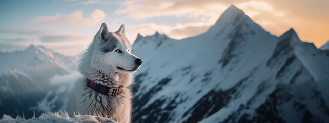 A Siberian Husky watching the icy horizon, space for motivational phrase on the right