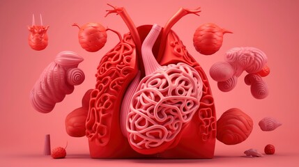 3D illustration mockup of the human organ system, Anatomy, Nervous, circulatory, digestive, excretory, urinary,and bone systems. Medical education concept