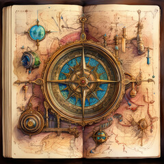 An antique map that sprawls across the cover, dotted with markers, sketches of landmarks, and colorful routes. A compass rose occupies one corner, hinting at the exciting journeys and explorations awa - obrazy, fototapety, plakaty