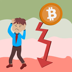 flat cartoon, business men Staggered walk, disappointed face, There is a gold dollar bct big city in this picture.