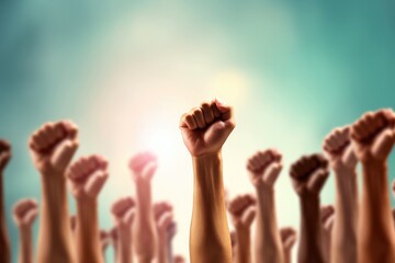 Raised hands on abstract background. Human rights and freedom concept.