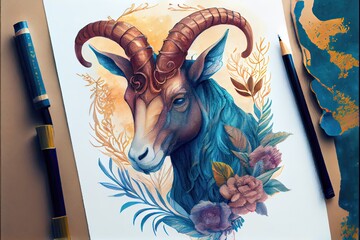 Watercolor illustration of goat. Illustration of illustration.