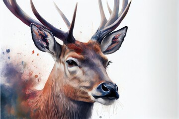 Male deer head portrait on white background. Watercolor painting.