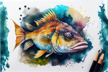 Fish watercolor drawing on smudge and white background with pencil.