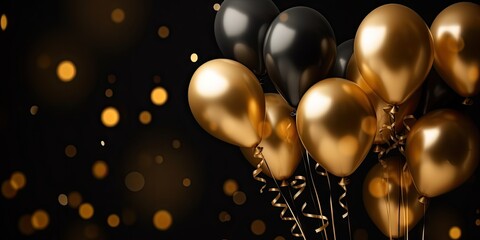 Golden celebration. Glittering balloons for birthday bash. Festive airborne fun. Vibrant balloons for any occasion. Adding color to special day