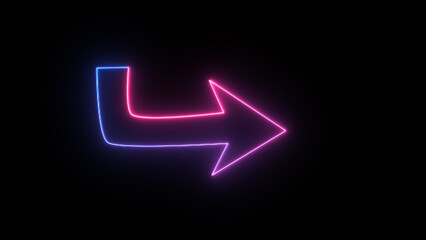 Arrows of brilliant purple neon light pointing to the right. Glowing neon arrows in three dimensions on a dark background. direction indications that flash.