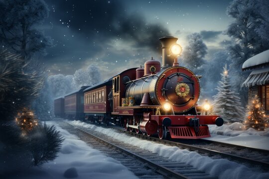 Fairy locomotive in holiday postcard style. Merry christmas and happy new year concept