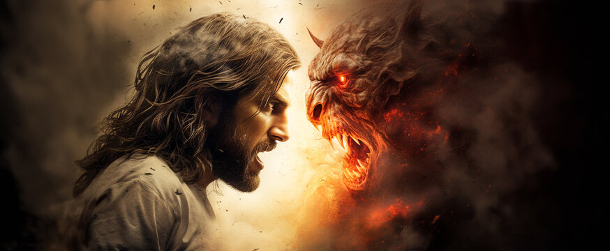 Jesus Christ and Lucifer Lock in a Struggle - A Powerful Christian Artwork of Salvation's Victory.