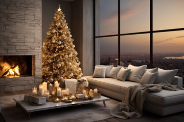 Fototapeta na wymiar Sofa in a festive interior. Merry christmas and happy new year concept