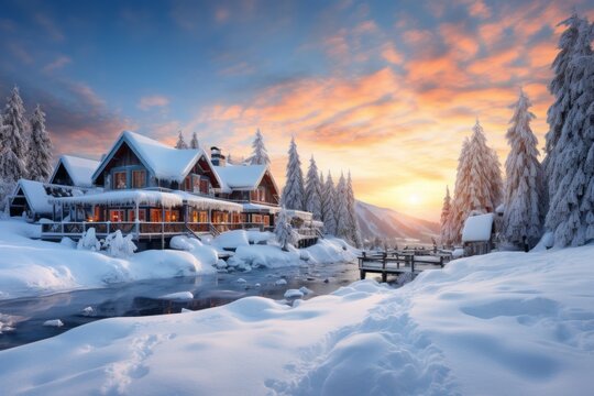 House in snow for winter holidays. Merry christmas and happy new year concept. Background