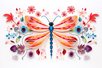 Image of pattern design using dragonfly and flowers and leaves. Insect. Illustration, Generative AI.