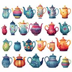 A collection of colorful teapots with different designs.