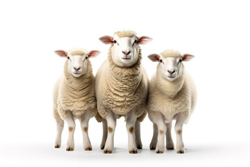 Image of family group of sheeps on white background. Farm animals. Illustration, Generative AI.