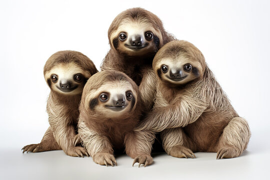 Image of family group of sloths on white background. Wildlife Animals. Illustration, Generative AI.