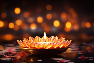 Happy Diwali festival concepts with diya oil lamp and floral mandala on blurred bokeh background. Indian, hindu colorful traditional festival of lights celebration. Generative AI