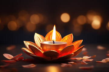 Happy Diwali festival concepts with diya oil lamp and floral mandala on blurred bokeh background. Indian, hindu colorful traditional festival of lights celebration. Generative AI