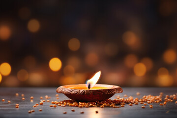 Happy Diwali festival with diya oil lamp and floral mandala on night blurred bokeh background. Indian colorful traditional festival of lights celebration. Generative AI