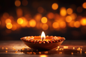 Happy Diwali festival with diya oil lamp and floral mandala on night blurred bokeh background. Indian colorful traditional festival of lights celebration. Generative AI