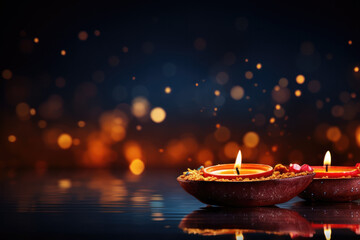 Happy Diwali festival with diya oil lamp and floral mandala on night blurred bokeh background. Indian colorful traditional festival of lights celebration. Generative AI - obrazy, fototapety, plakaty