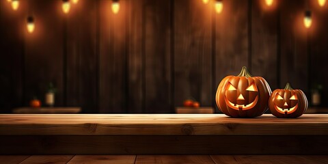Eerie autumn celebrations. Embrace spooky spirit. Hauntingly beautiful. Pumpkin set scene on wooden table. Halloween magic. Jack o lanterns light up night
