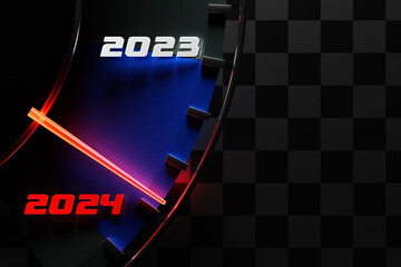 3D illustration close up black speedometer with cutoffs 2023,2024. The concept of the new year and...