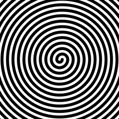Hypnotic spirals background. Radial optical illusion. Black and white swirl tunnel wallpaper. Spinning concentric circles. Vortex or whirlpool design for poster, banner, flyer. Vector illustration