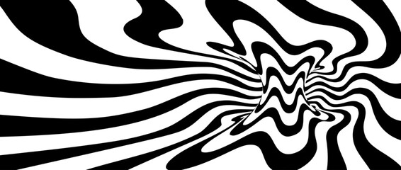 Abstract hypnotic spinning waves background. Black and white line tunnel wallpaper. Psychedelic twisted stripes pattern. Spiral template for posters, banners, cover. Vector optical illusion