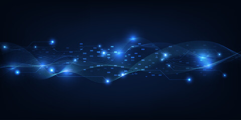 Vector illustration of futuristic digital tech space with wave wireframe on hi-tech circuit pattern and glowing geometry stripe particle.Futuristic digital communication innovation technology concept.