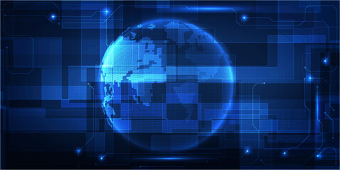 Obraz premium Vector illustration of futuristic glowing globe on dark blue background.Digital communication innovation and technology concepts.