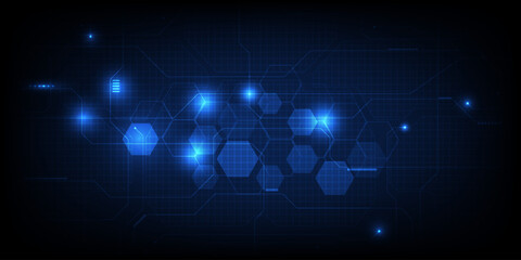 Vector illustration of digital technology space with grid line circuit tech and hexagon connecting network.Digital communication and technology concepts.