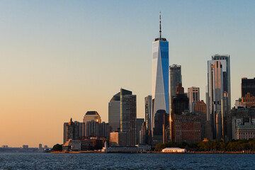 The Financial District of Manhattan at sunset.