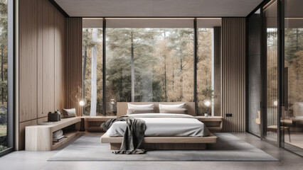 A cozy and sunlit bedroom with surrounding floor-to-ceiling glass windows offering a stunning view of the forest. Photorealistic illustration, Generative AI