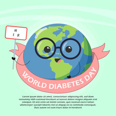 Creative Flat Vector Illustration from World Diabetes Day. Design Concept with Cartoon Earth Hold a Warning Board and Ribbon. For Poster, Flyer, Banner, or Background