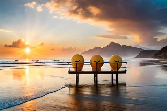 Beach Side With Wide Sky Above It Having Beautiful Clouds Spreading All Over And Calming Dawn And Dusk Timing With Emoji Sitting And Looking A Rising Sun