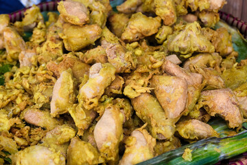 A tray full of delicious fried tofu, popular soya bean snacks inIndonesia, called Tahu Goreng