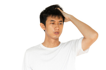 Young man isolated on white background with doubtful expression