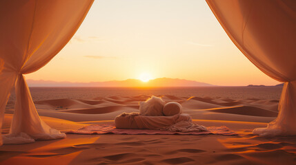 Immaculate white tent in the middle of the vast expanse of desert. Tent surrounded by a sea of golden sand in a peaceful and captivating environment in the heart of the arid region.