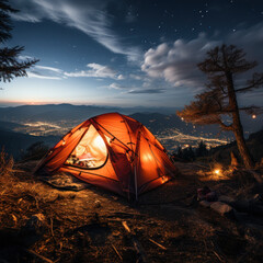  A tent by the mountain red sleeping bag starry night 
