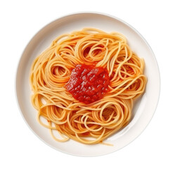 Spaghetti with sause in a white plate isolated on transparent background, top view