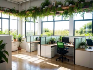 Fototapeta premium Blurred sustainable green office interior, modern office, business background with sustainable concept.