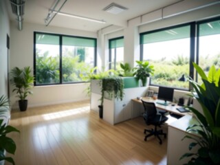 Blurred sustainable green office interior, modern office, business background with sustainable concept.