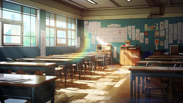 Empty classroom with chalkboard and rows of desks.  Anime art style. Loop animation