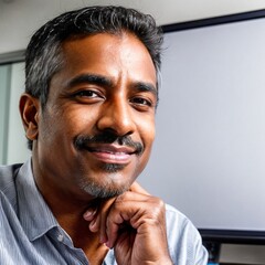 Professional Indian Hispanic Ethnic man in a virtual meeting talking and explaining using webcam in a zoom call