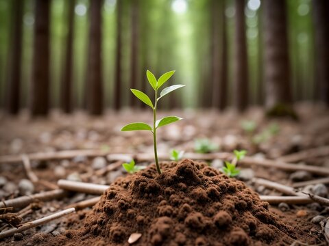 Young plants sprout growing on natural soil, blurred background with copy space.