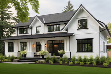 Fototapeta na wymiar a white farmhouse with black trim and yard, pool, luxury car
