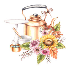 Watercolor autumn composition with flowers, copper teapot, mug, sweets isolated on white background