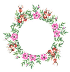 Watercolor rosehip round frame template